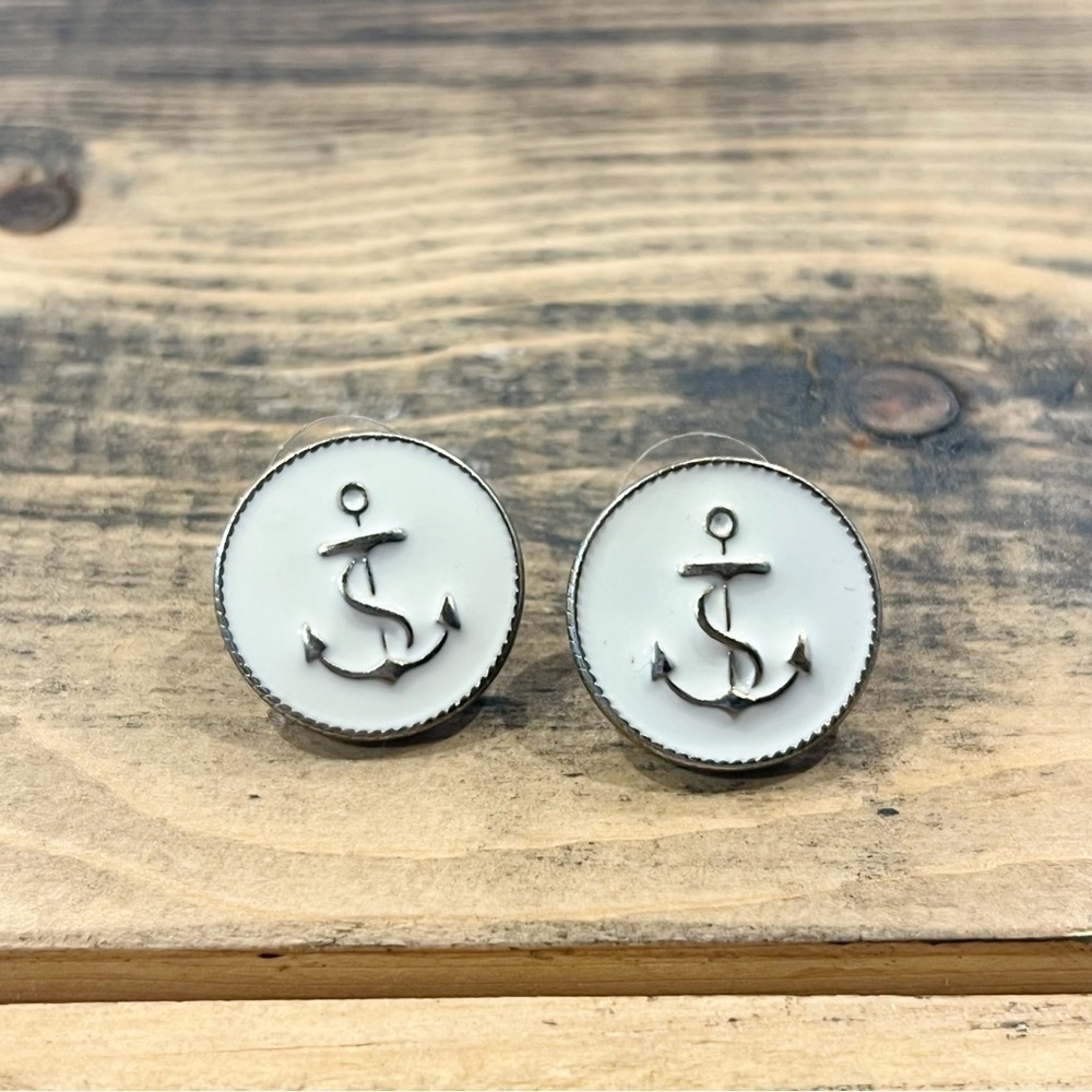 White Enamel Anchor Stud Earrings